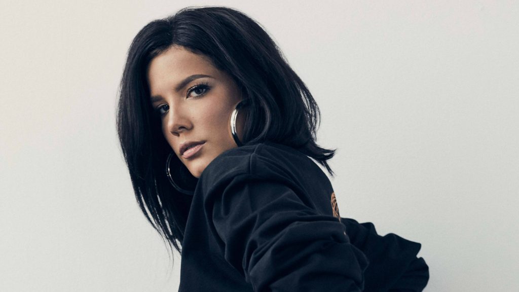 Halsey black outfit wallpaper sleek dark hair silver hoops confident modern portrait background