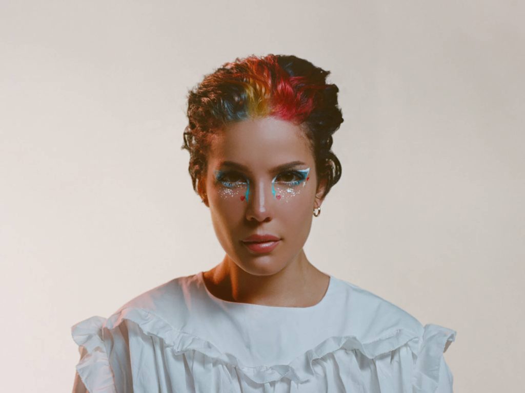 Halsey studio portrait Manic album look white ruffled top multicolored hair blue eyeliner glitter hearts Wallpaper