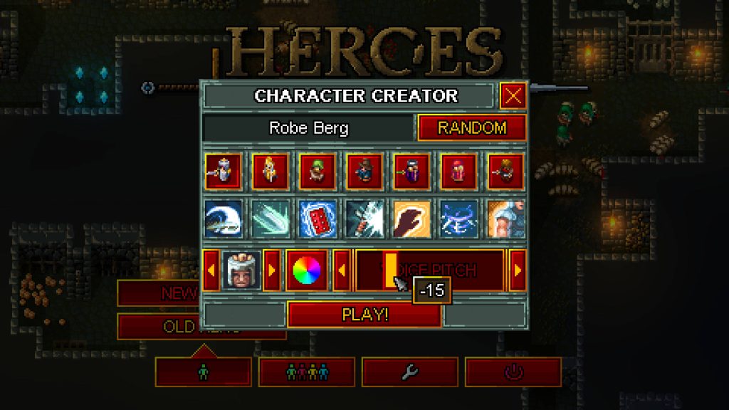 Hammerwatch Character Creator wallpaper with pixel art classes color picker and voice settings