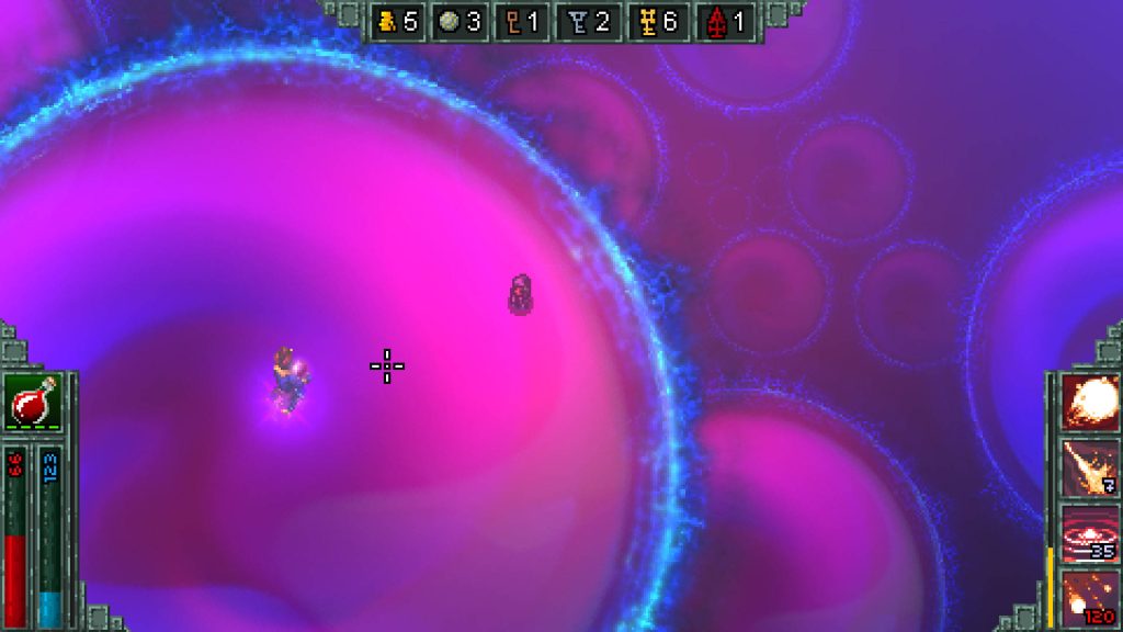 Hammerwatch pixel art mage with vibrant purple magical shield in cosmic void wallpaper background