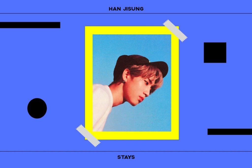 Han Jisung Stray Kids wallpaper black cap blue background yellow frame modern pop art design