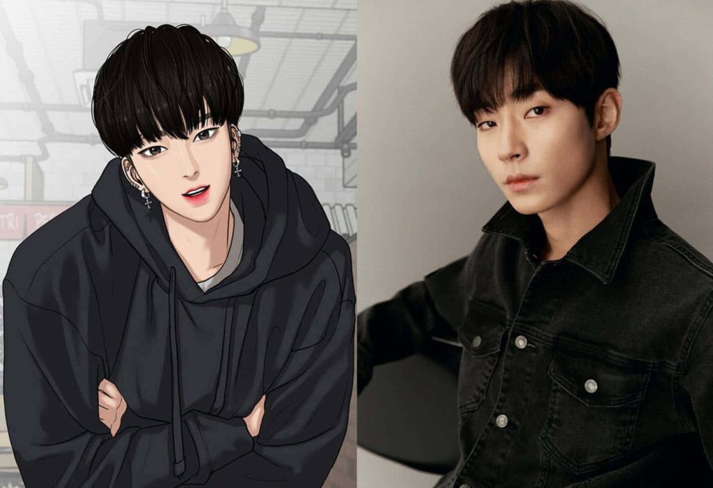 Han Seo-jun True Beauty wallpaper split webtoon illustration and Hwang In-youp actor background
