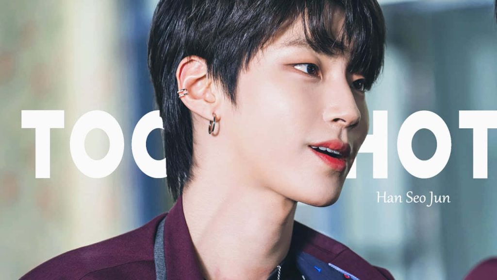 Han Seo-jun from True Beauty in maroon jacket side profile with TOO HOT graphic wallpaper background
