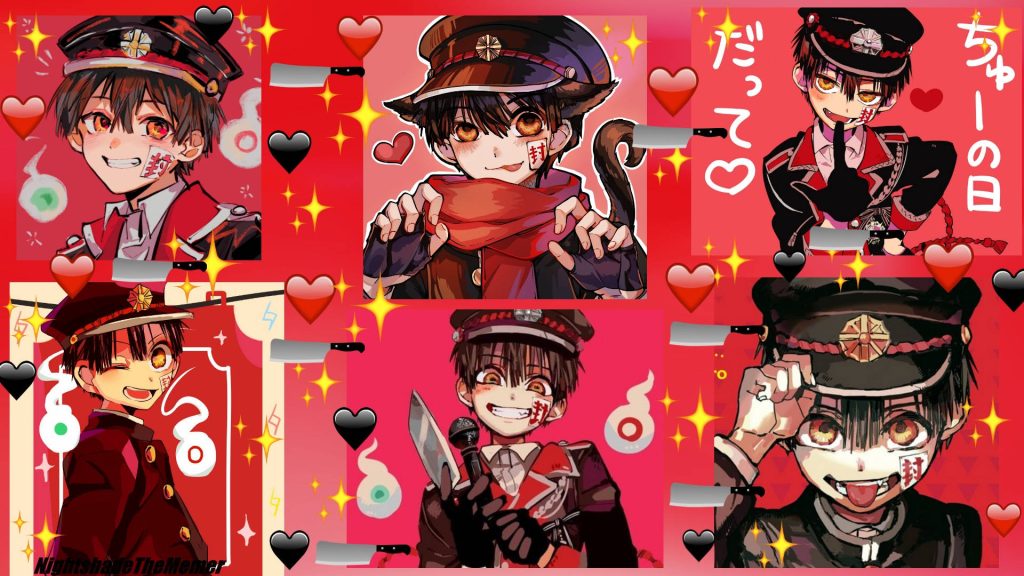 Toilet-Bound Hanako-kun desktop wallpaper with vibrant anime expressions and red ghost theme