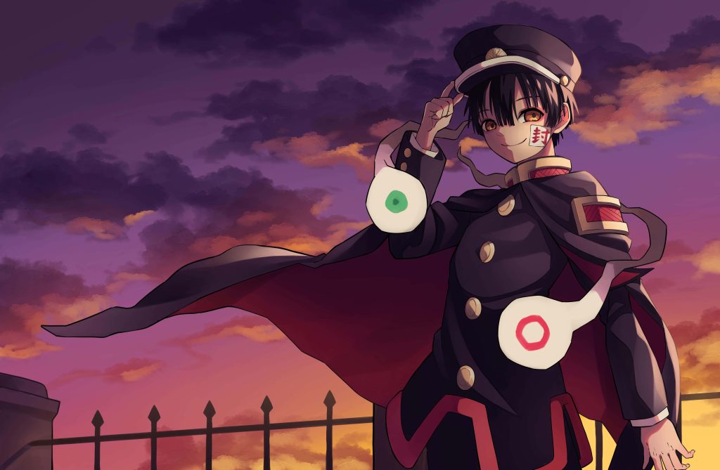 Hanako-kun anime wallpaper with purple sunset sky floating spirit orbs and signature uniform hat