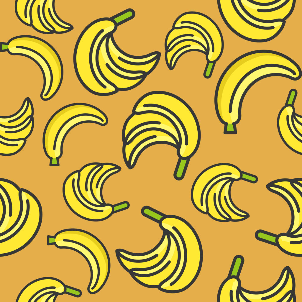 Playful hand-drawn banana bunches pattern on warm yellow background fruit-themed wallpaper