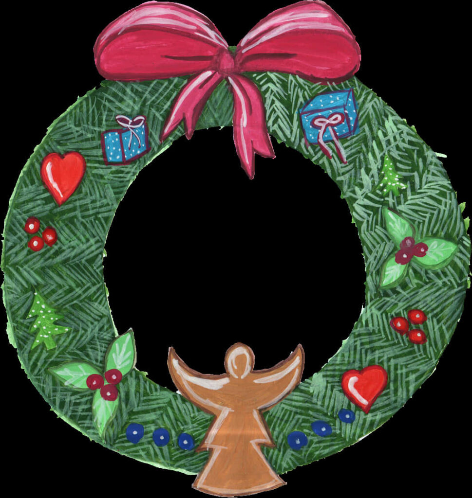 Hand-Drawn Christmas Wreath Wallpaper with Angel & Festive Decor