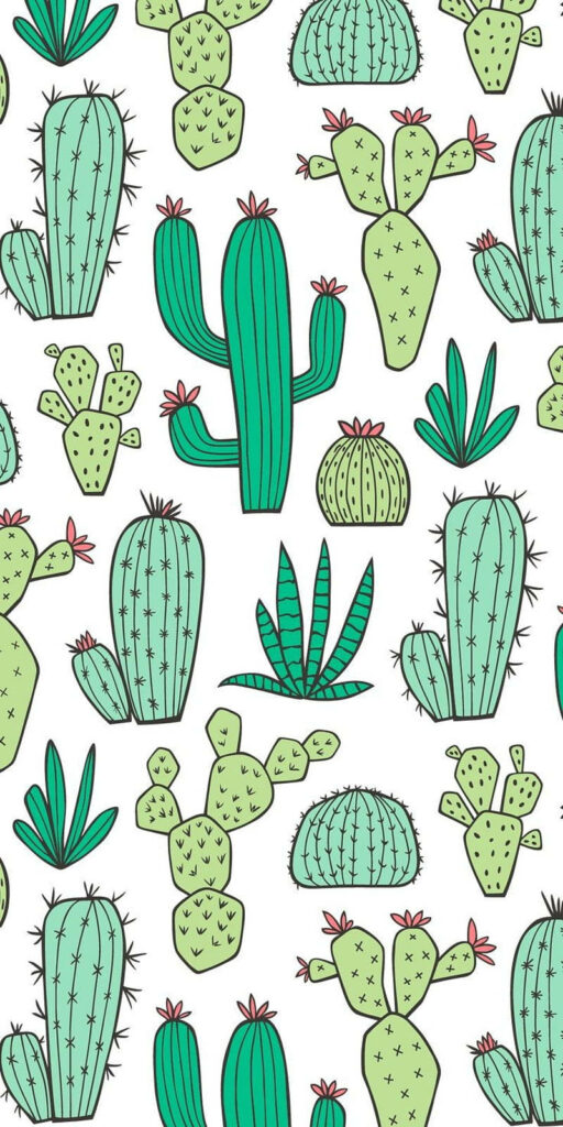 Hand-drawn green pastel cacti pattern mobile wallpaper playful desert design on white background