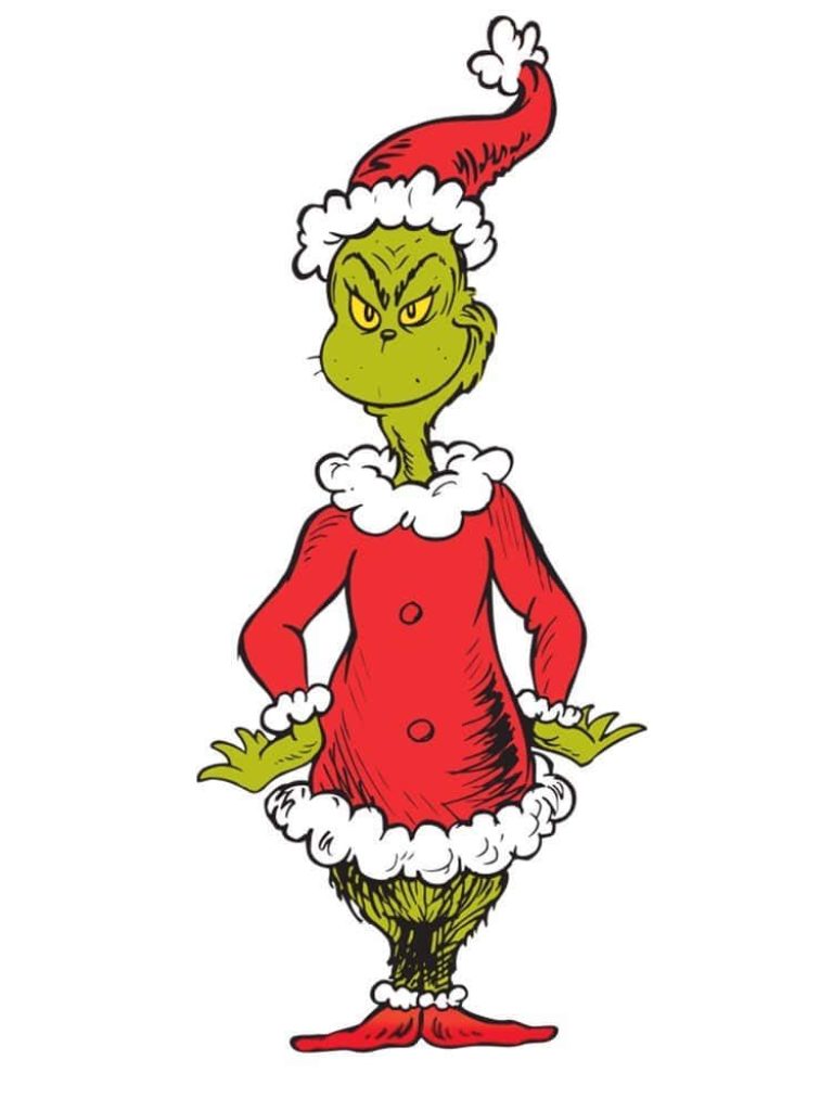 Hand-drawn minimalist wallpaper of The Grinch in red Santa suit with mischievous smirk on white background