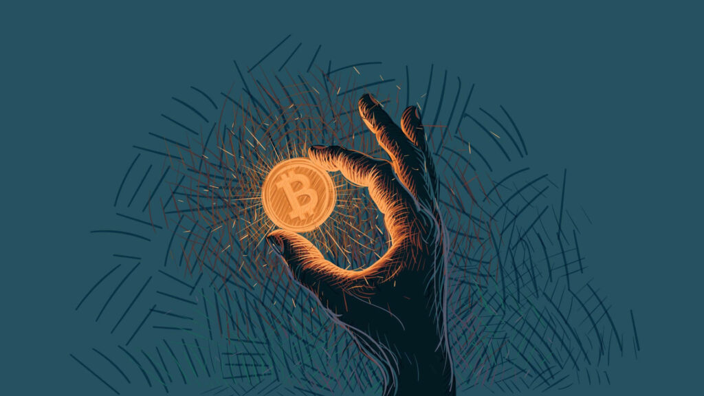 Illustration of hand holding glowing Bitcoin coin with textured abstract background wallpaper