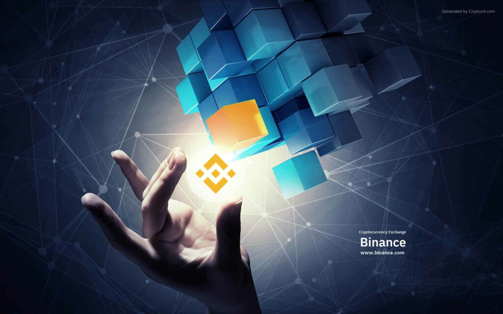 Hand reaching glowing Binance logo with floating digital cubes futuristic cryptocurrency exchange background Wallpaper