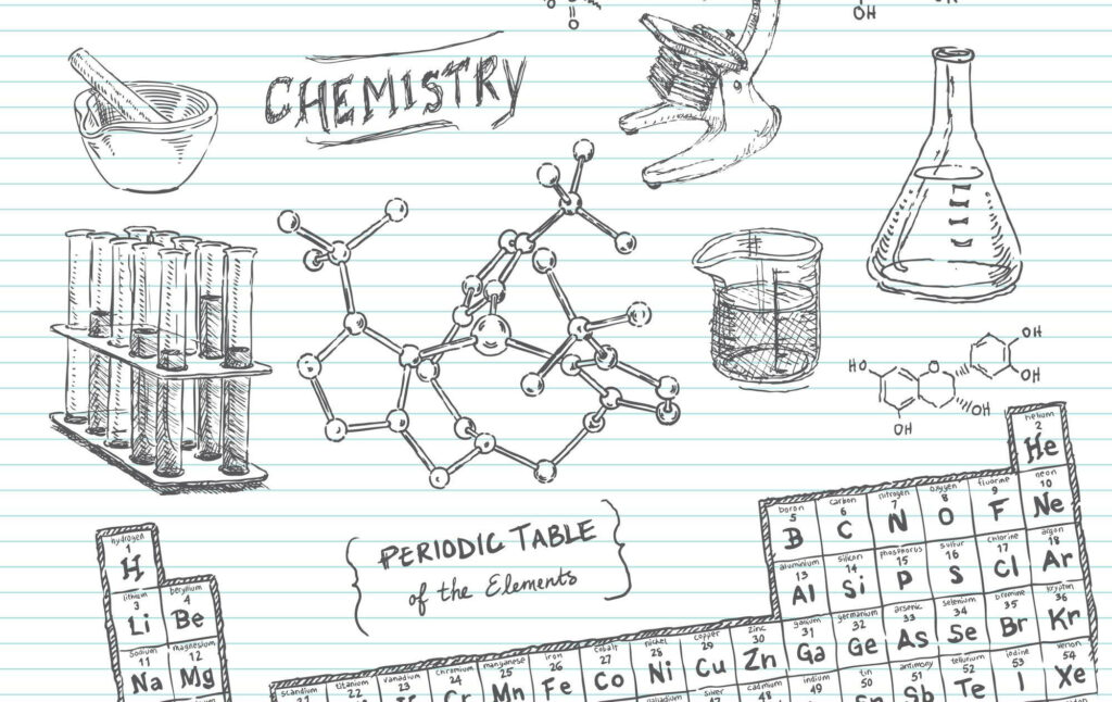 Hand-drawn chemistry elements on lined paper with test tubes molecules periodic table sketches Wallpaper