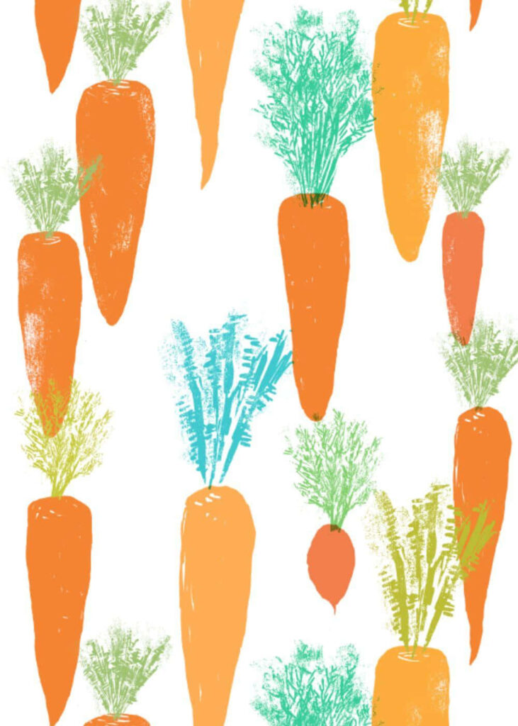 Hand-drawn orange carrots with green and blue leaves on white background vibrant wallpaper pattern