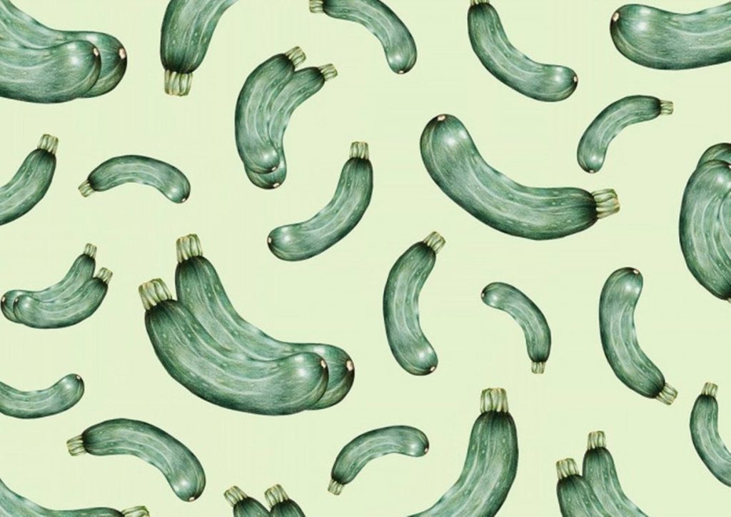 Hand-drawn zucchini pattern on soft sage green background fresh culinary kitchen wallpaper