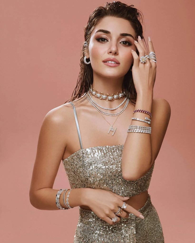 Hande Erçel glamorous portrait wet-look hair metallic sequined top layered diamond jewelry wallpaper