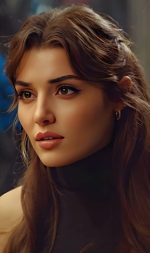 Hande Erçel portrait with pensive gaze soft lighting dark turtleneck elegant Turkish actress style Wallpaper