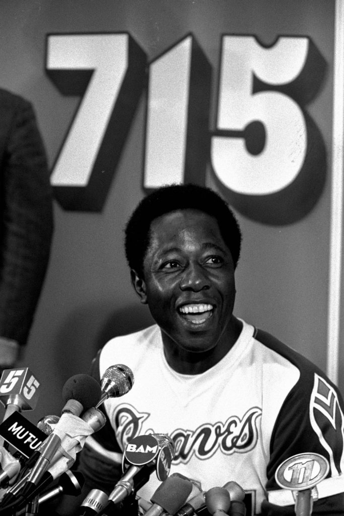 Hank Aaron 715th home run press conference black and white wallpaper celebrating baseball history