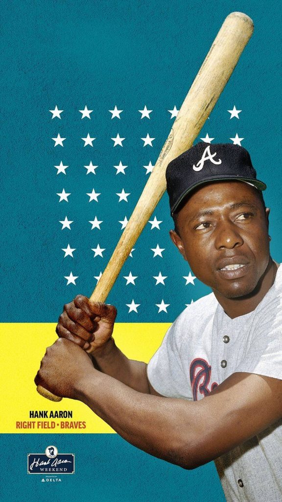Vibrant Hank Aaron wallpaper with historic image in Braves uniform teal background white stars