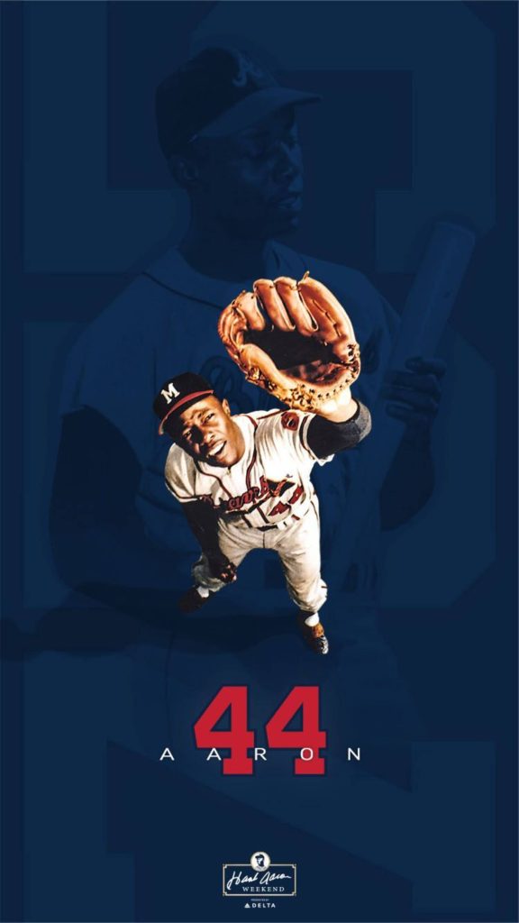 Hank Aaron Milwaukee Braves #44 dynamic action shot navy background MLB legend wallpaper
