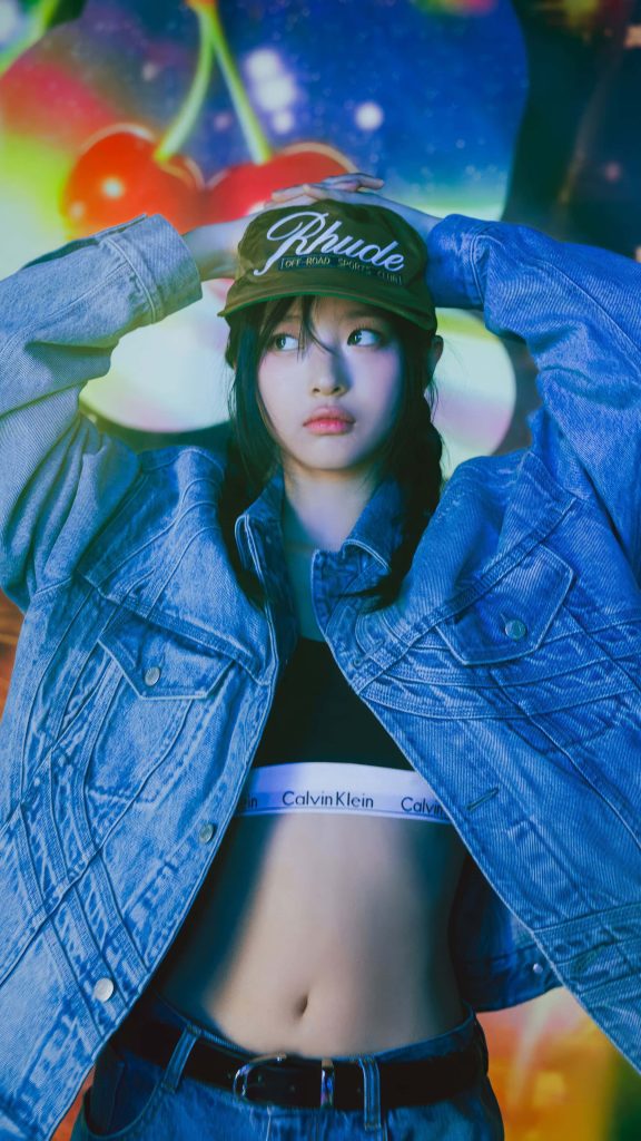 Hanni in denim jacket Calvin Klein bra and olive Rhude cap with blue lighting cherry backdrop Wallpaper