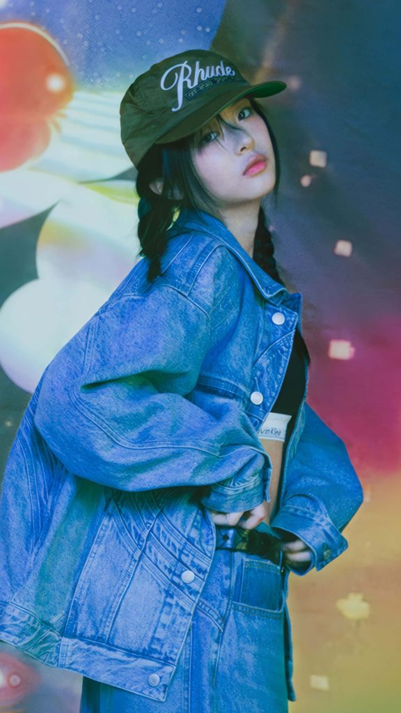 Hanni from NewJeans in oversized denim jacket and green cap street-style portrait wallpaper