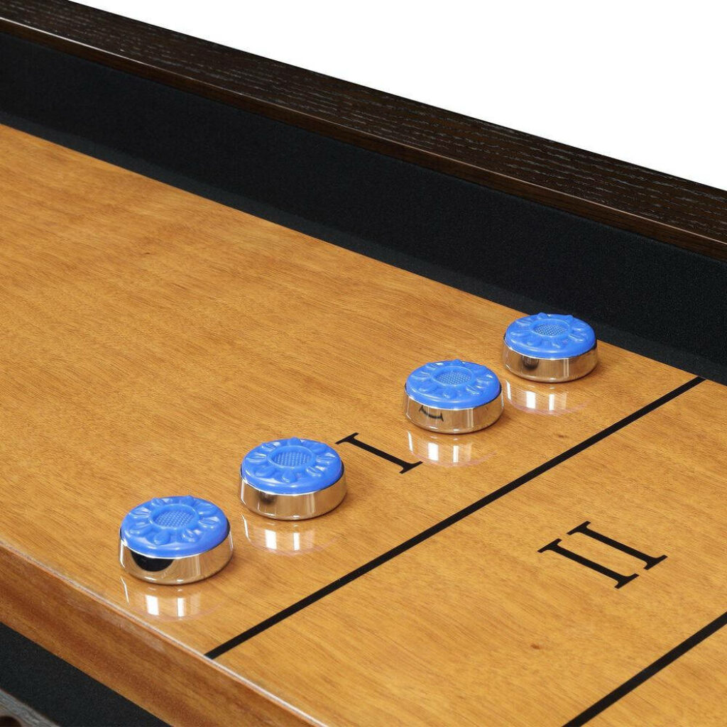 Hanover Shuffleboard Table with Blue Pucks - Classic Gaming Wallpaper