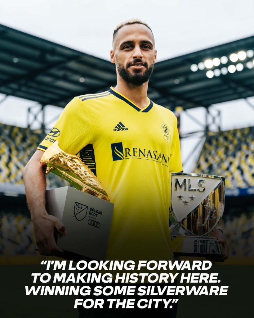 Hany Mukhtar Nashville SC wallpaper with Golden Boot Landon Donovan MVP awards stadium background