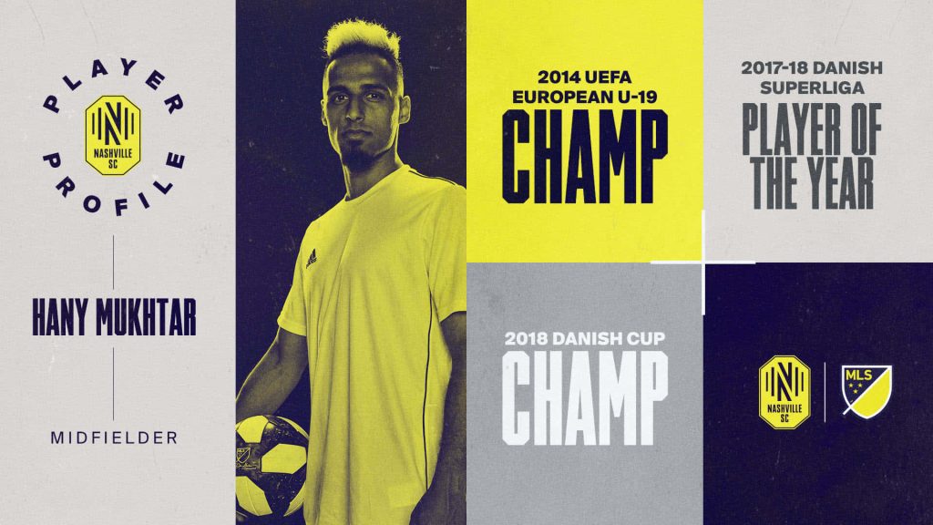 Nashville SC midfielder Hany Mukhtar player profile wallpaper with yellow black design and achievements