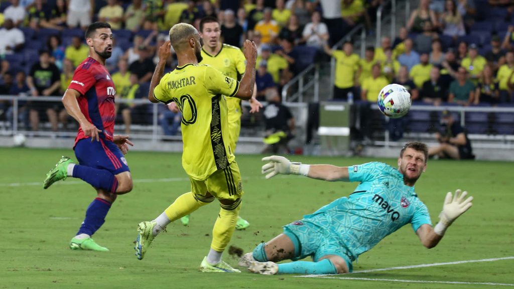 Hany Mukhtar of Nashville SC battles FC Dallas goalie Maarten Paes in intense MLS action Wallpaper