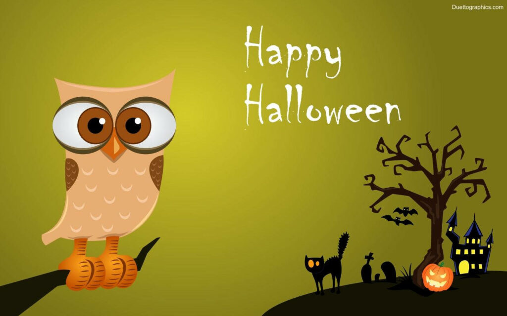 Adorable Owl Celebrating Halloween on a Festive Tree: Kawaii Halloween Background Wallpaper