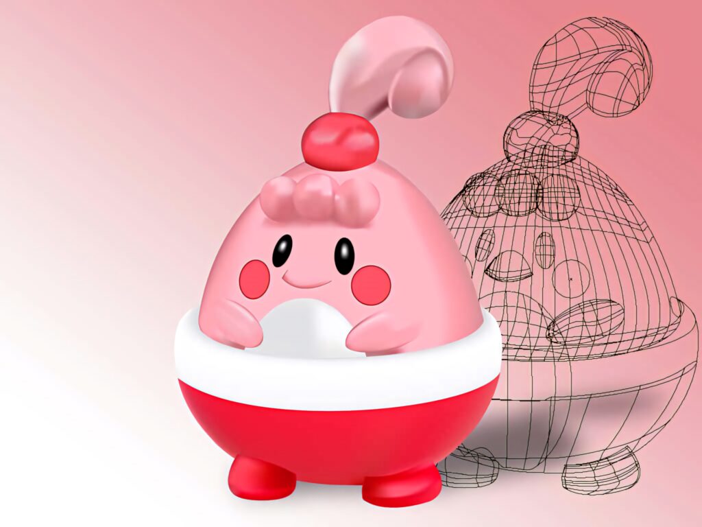 Happiny 3D and wireframe art wallpaper on soft pink gradient background cute Pokemon design