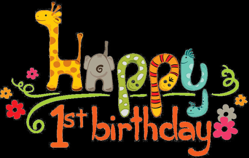 Playful Happy 1st Birthday Wallpaper with Colorful Animals & Flowers