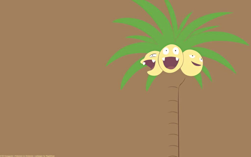Happy Alolan Exeggutor cartoon with vibrant green leaves on simple brown minimalist wallpaper
