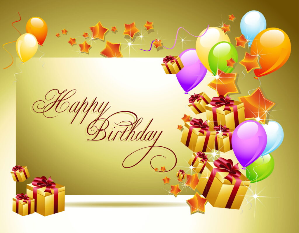 Festive Happy Birthday script with colorful balloons shiny gifts and gold star background wallpaper