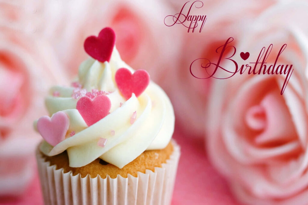 Charming Birthday Cupcake Wallpaper with Roses & Heart Decorations
