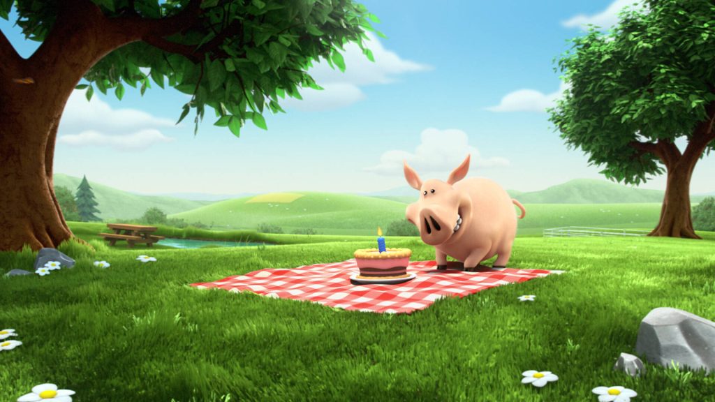 3D CGI Hay Day pig on picnic blanket with birthday cake in sunny farm landscape wallpaper