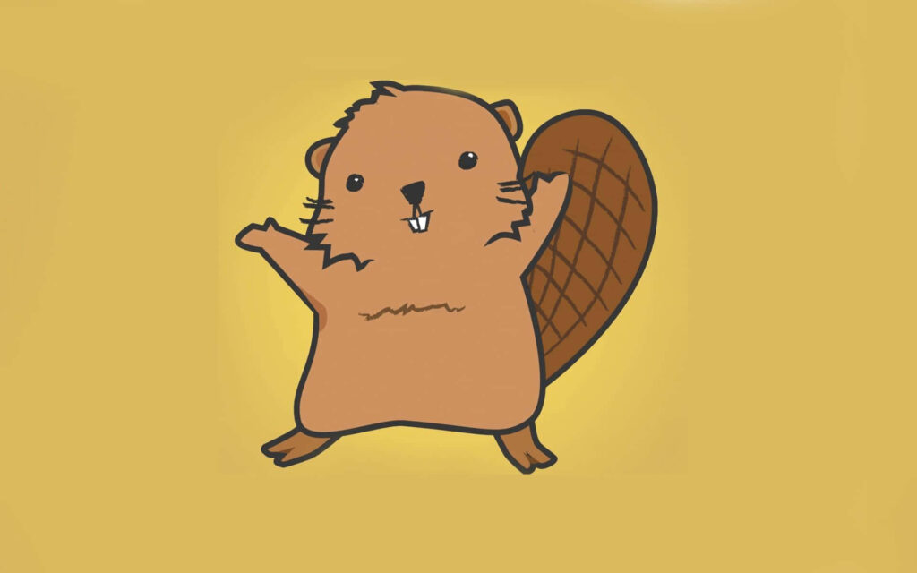 Cartoon beaver wallpaper smiling upright with large tail and prominent teeth on yellow background