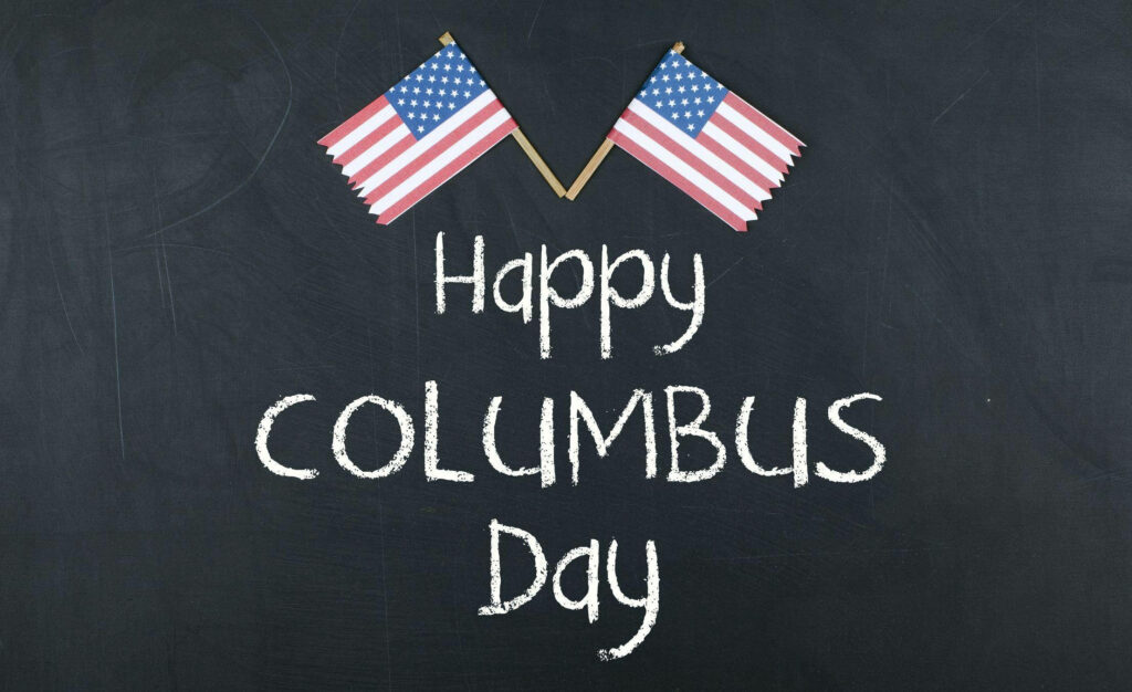 Happy Columbus Day chalkboard with crossed American flags patriotic classroom wallpaper background