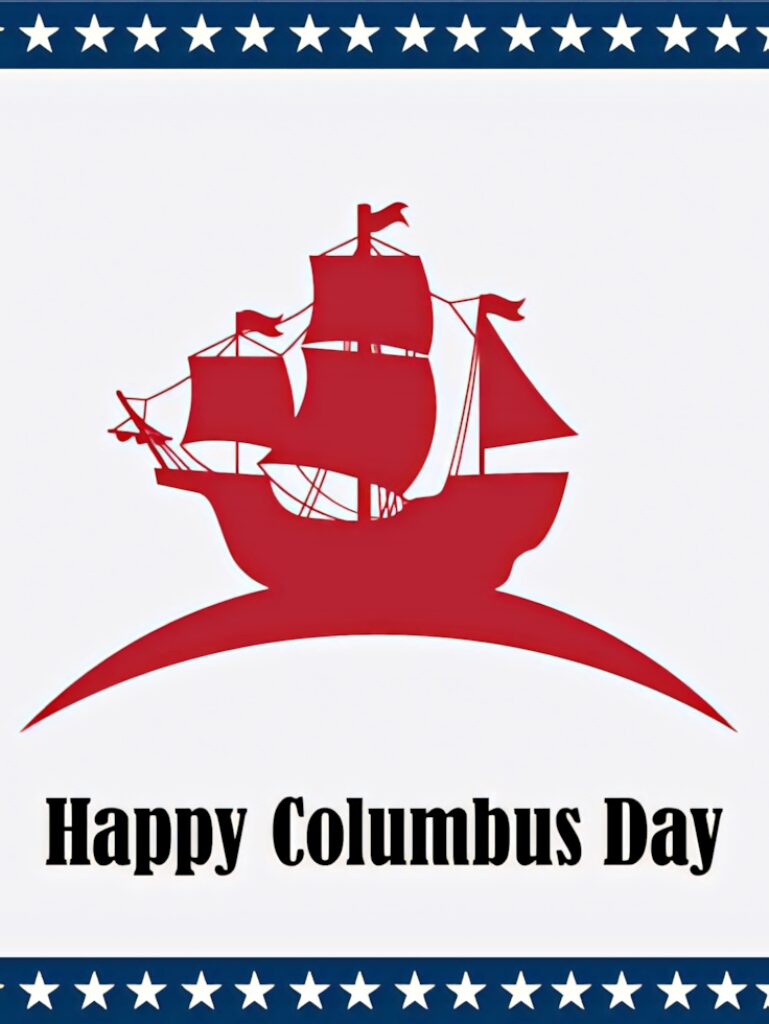 Bold red sailing ship silhouette Columbus Day wallpaper with white stars blue border festive text