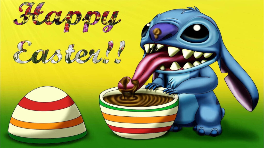 Happy Easter Wallpaper: Stitch Enjoying Festive Treats & Eggs