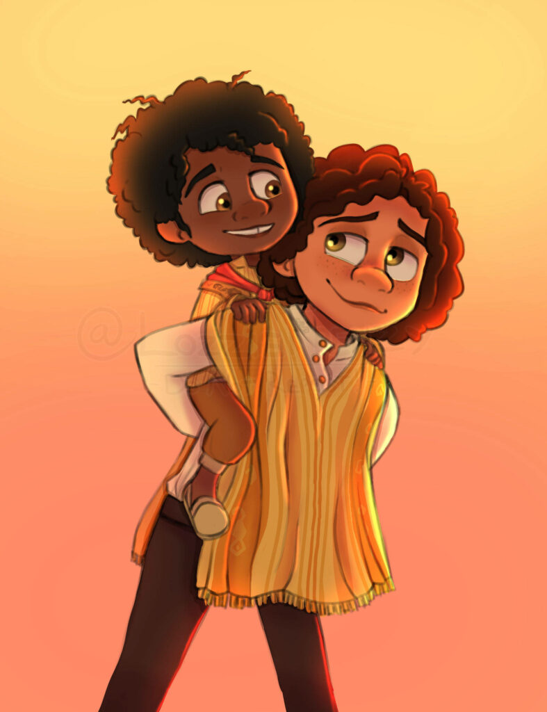 Little Antonio Madrigal piggyback ride happy family warm golden peach wallpaper background