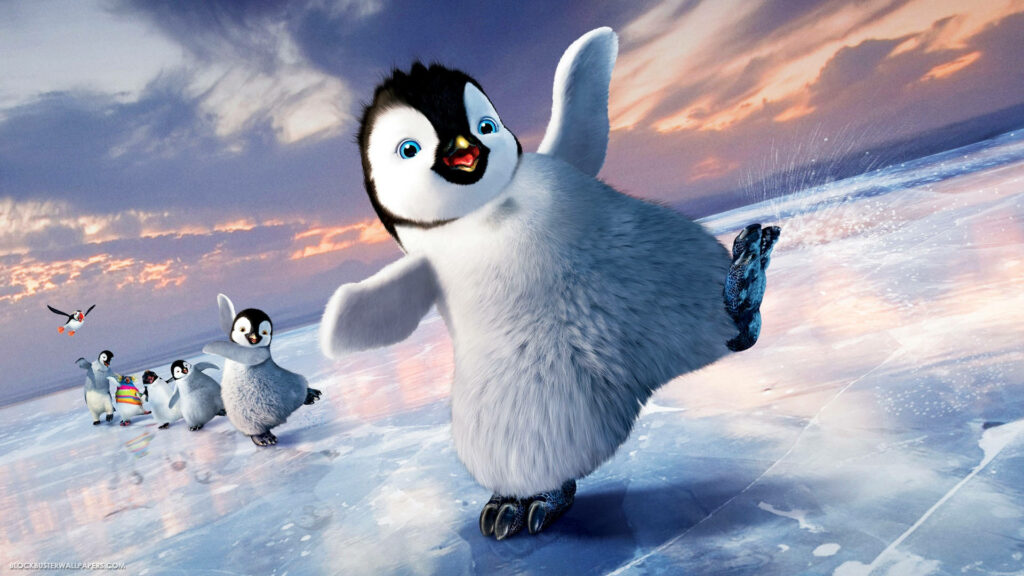 Adorable Animated Baby Penguins Marching on Glacial Landscape - Happy Feet Movie Still Wallpaper