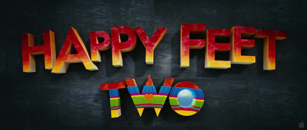 Happy Feet Two 3D logo with sunset gradient text and colorful yarn texture on wood background Wallpaper