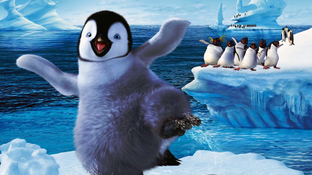 Vibrant Happy Feet Two wallpaper of dancing young penguin Erik on ice floe with ocean background