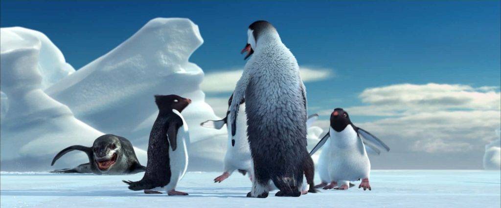 Happy Feet Two wallpaper with Mumble Ramon and leopard seal in bright 3D Antarctic scene