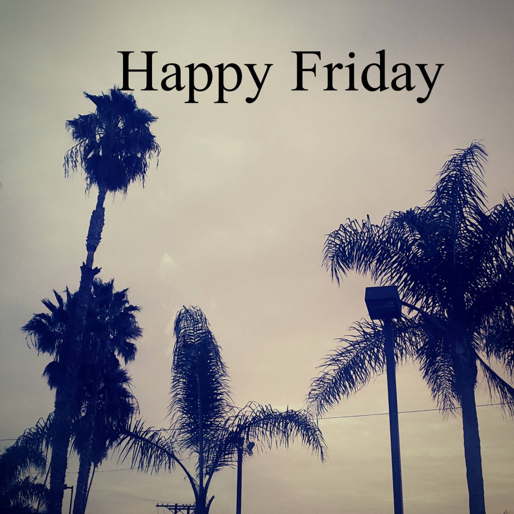 Happy Friday palm tree silhouettes against cloudy sky with street light calming wallpaper background