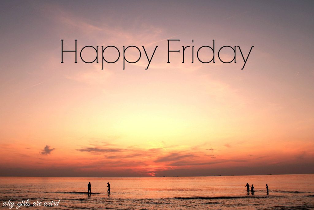 Happy Friday sunset wallpaper with silhouettes in calm ocean waters and vibrant orange sky