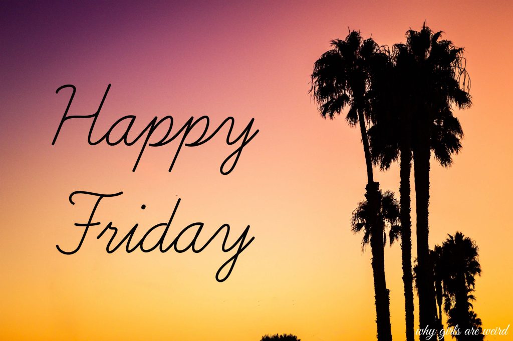 Happy Friday wallpaper with palm tree silhouettes and vibrant purple orange sunset gradient background