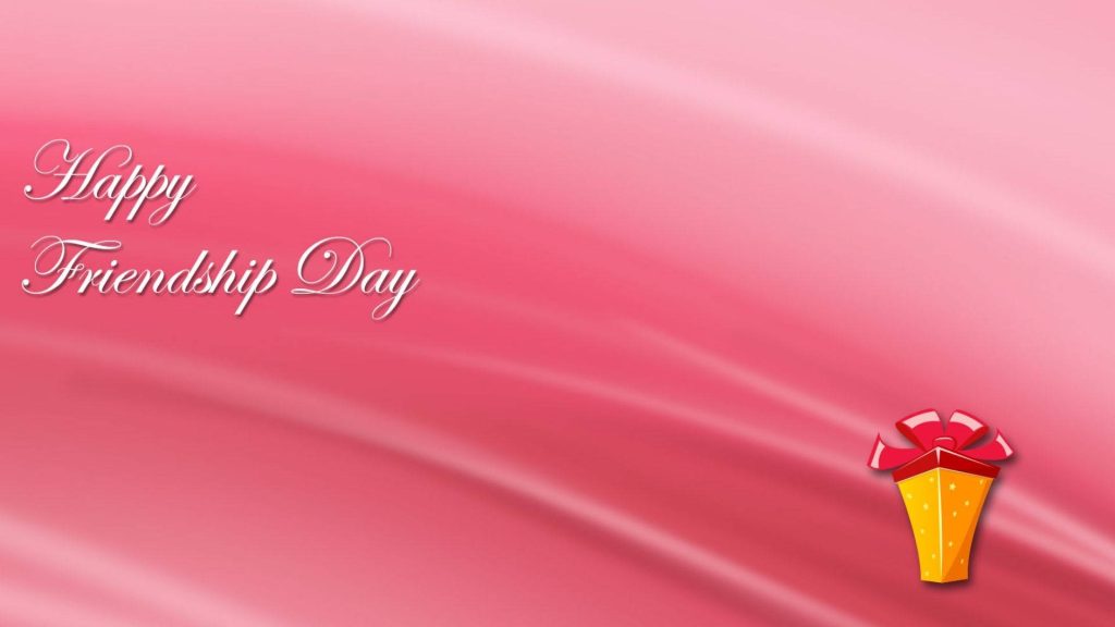 Happy Friendship Day wallpaper with white text pink gradient background and yellow gift box