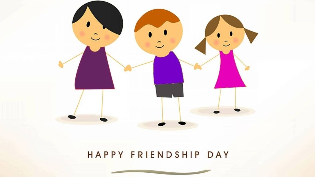 Happy Friendship Day wallpaper with minimalist colorful illustration of three children holding hands